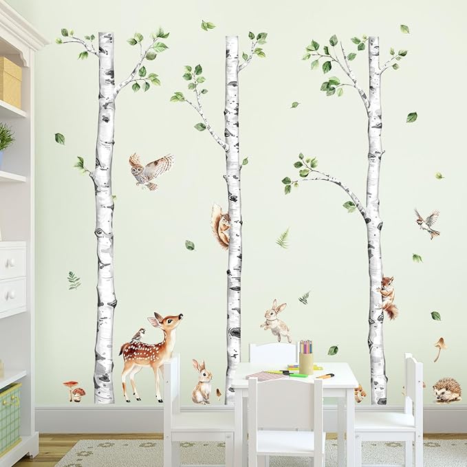 Large Birch Tree Wall Decals, Forest Animal Wall Stickers Deer Rabbit Squirrel Owl Peel and Stick Wall Decal Waterproof Wall Art Sticker for Baby Nursery Kids Room Home Decor (H: 60.2 in)