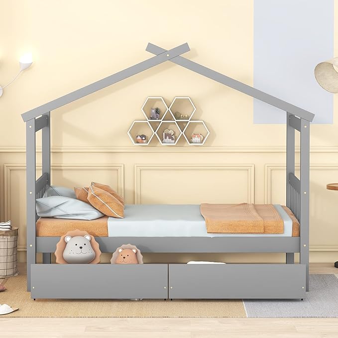 Merax Twin Size Wooden House Bed with Two Drawers, Wood Bed Frame with Roof for Kids, Teens, Boys or Girls, Grey
