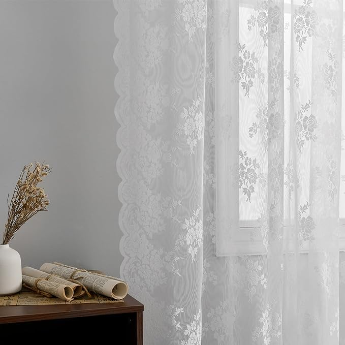 Kotile White Lace Curtains 36 Inch Length 2 Panels Set, Country Rustic Floral Short Lace Kitchen Curtains Over Blinds, Rod Pocket Privacy Sheer Lace Café Curtains for Small Windows, Each 52 x 36 Inch