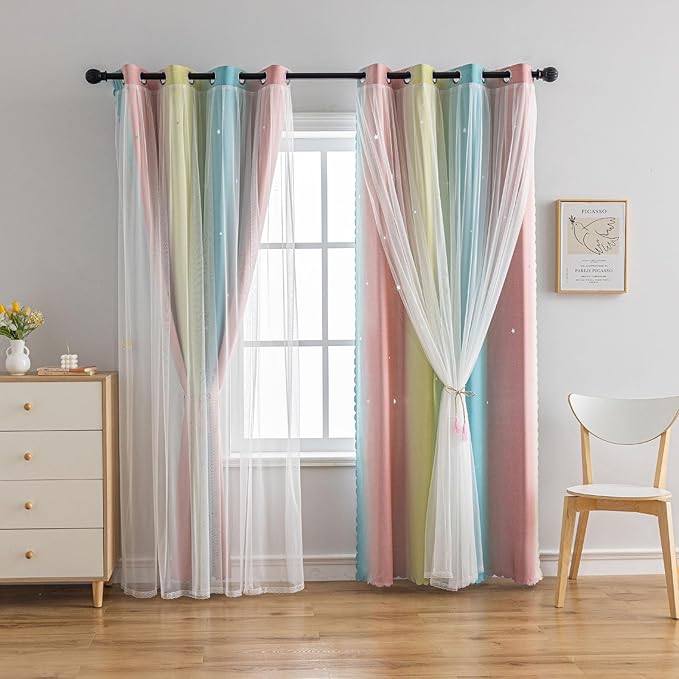 Star Girl and Kids Curtains for Bedroom Rainbow Ombre Double Layer Cute Shot Nursery Darkening Grommet Princess Room Décor 2 Panels Living Room Window Curtain （Blue Pink 52W x 84L）