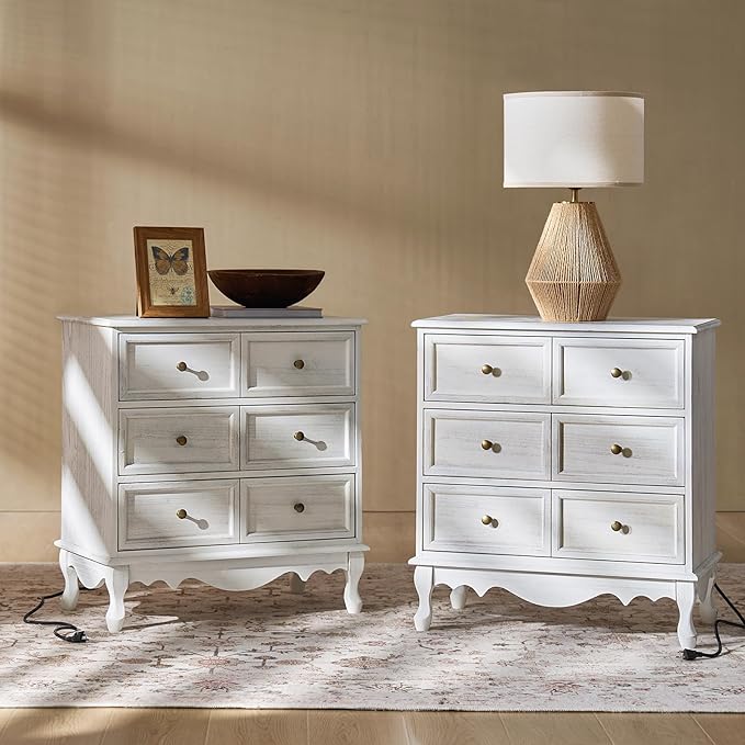 HULALA HOME 3-Drawer Nightstand with Charging Station, Drawer Organizer with Wood Legs, Farmhouse Solid Wood Nightstand Set of 2(White)
