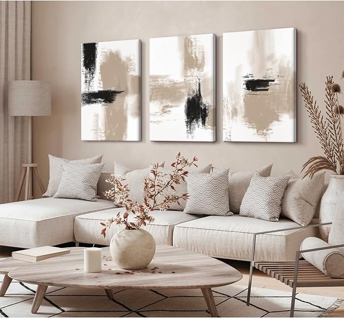 Beige Abstract Wall Art Painting Set of 3 Framed Neutral Canvas Wall Art Prints Black Beige Modern Wall Decor Minimalist Art Pictures Abstract Modern Artwork for Room Bedroom 16x24 Inch