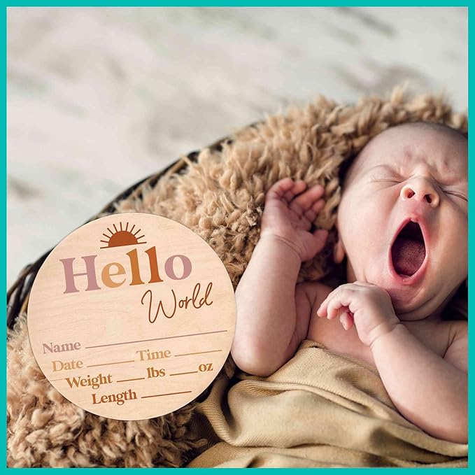 Hello World Newborn Sign - Baby Name Birth Announcement Plaque for Hospital - Photo Prop - Nursery Decor - Shower Gift