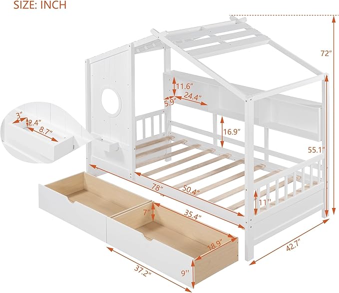 Harper & Bright Designs Twin Size Modern House Bed with Roof, Wooden Twin Size House Bed with 2 Drawers and Storage Shelf, White