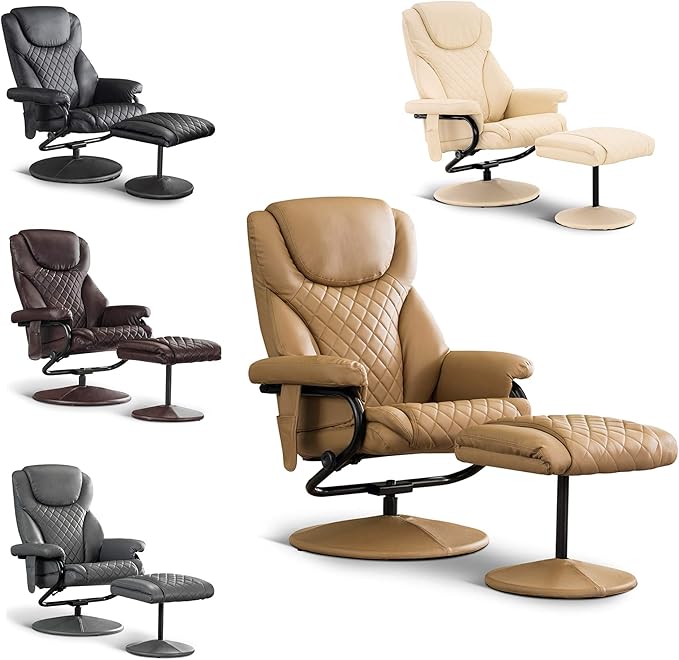MCombo Recliner with Ottoman, Reclining Chair with Massage, 360 Swivel Living Room Chair Faux Leather, 4901 (Cream White)