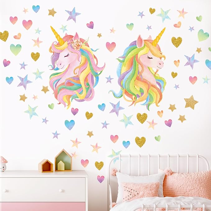 SHUCHING Unicorn Wall Decals Peel and Stick, Vinyl DIY Star Heart Wall Sticker, Wall Art Decor for Girls Nursery Baby Playroom Kids Bedroom