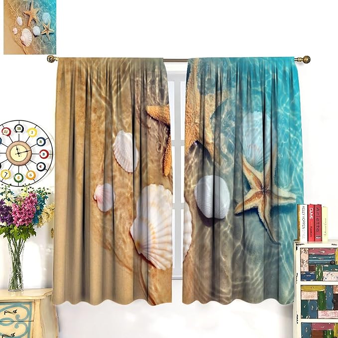 Beach Curtain for Bathroom Decor，Sea Turtle Starfish Seashell Nautical Ocean Coastal Scenery Art Printed Fabric Polyester Waterproof Set 2 Panels,55x63 Inches