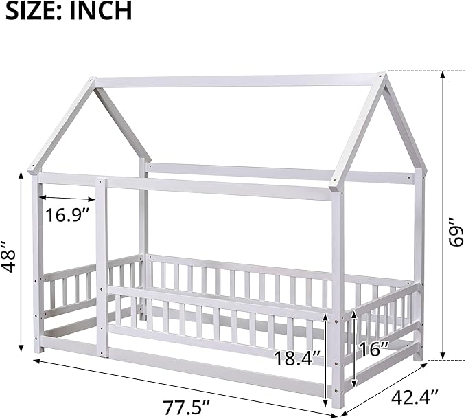 LLS Twin Floor Bed Frame with Fence, Wooden Montessori Bed, House Bed for Boys Girls Bedroom, White