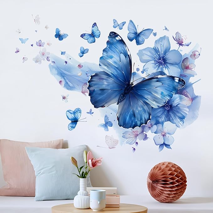 Blue Butterfly Wall Decals Removable Butterfly Flower Wall Stickers Peel and Stick Butterflies Wall Decor Stickers for Kids Girls Bedroom Nursery Bathroom Decorations MK3155