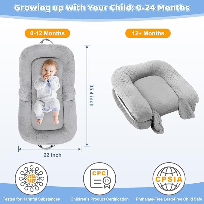 Baby Lounger Pillow- Portable Baby Lounger for Newborn, 0-24 Months,3-in-1 Baby Nest for Home and Travel, Foldable & Soft, CPC Certification Newborn Babies Essentials Gifts, Grey