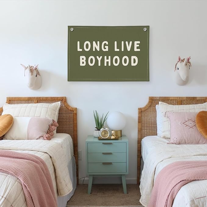 Long Live Boyhood Banner, Boy Nursery Decor, Canvas Banner Wall Hanging Flag Decor for Nursery Playroom Toddler Room, Boys Kids Room (Green)