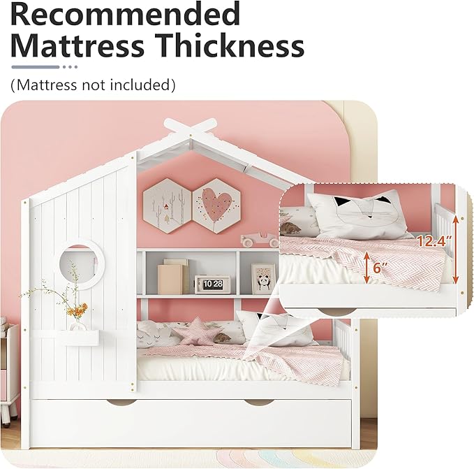 Twin Bed Frames for Kids, House Bed with Trundle and Shelves, Wood Playhouse Platform Bed Frame with Window and Fence for Boys Girls, White, 74.4" L x 42.7" W x 72" H