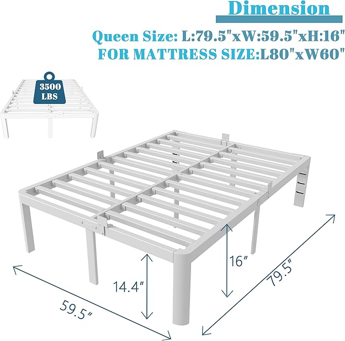 16 Inch Bed Frame Queen Size with Metal Gaskets, White Queen Bed Frame No Box Spring Needed, Heavy Duty Steel Platform Support, Round Corner Design, Storage Space, Noiseless, Reserved Holes