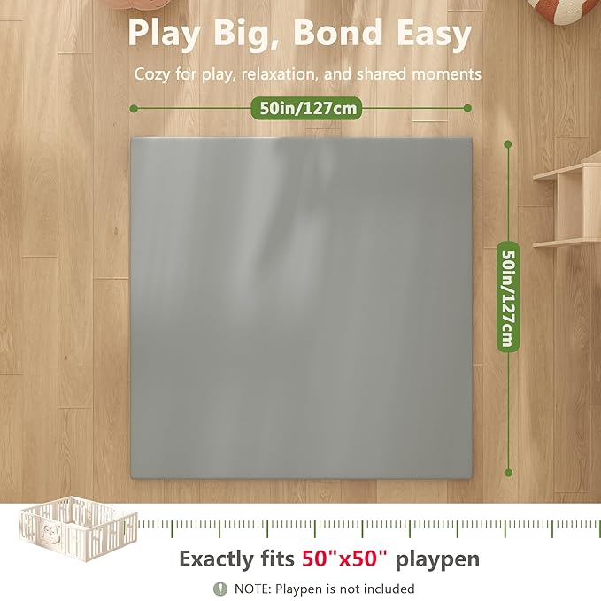 Padded Baby Play Mat, 1.3 Inch Thicken Foam Cushioned & 50 x 50 Waterproof Playpen Mat for Infants and Toddlers, Stylish and Just Wipe-Clean Playmat for Baby Play on Floor, Gray