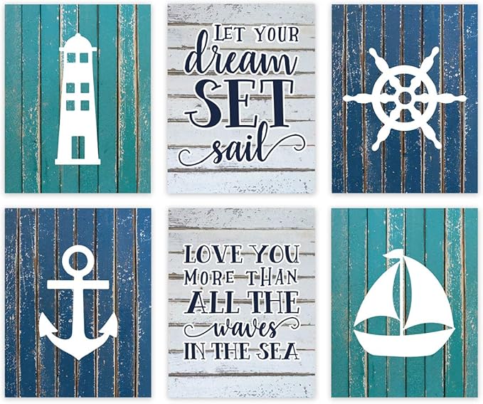 Andaz Press Ocean Nautical Sailor Theme Nursery Kids Bedroom Hanging Wall Art Decor, 8.5x11-inch, Blue Aqua Rustic Wood, Let Your Dreams Set Sail, 6-Pack, Unframed Room Poster