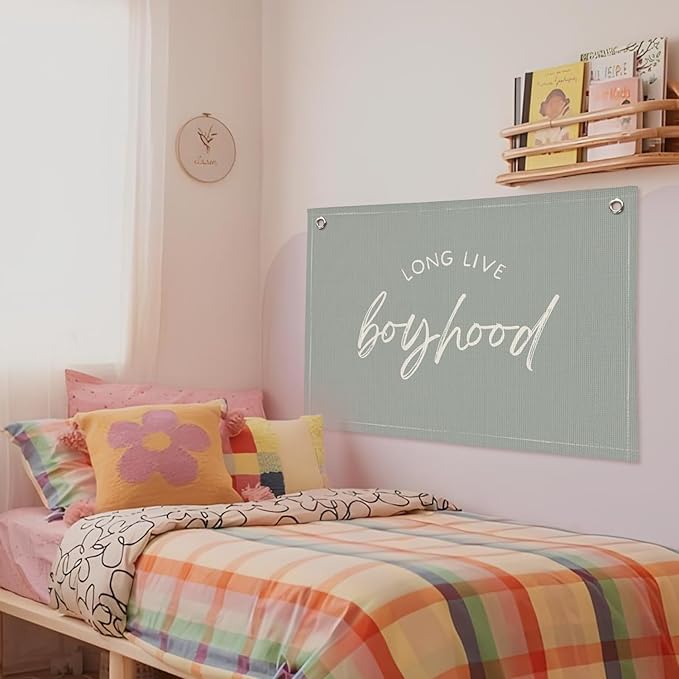 Long Live Boyhood Banner - Boys & Toddler Boy Room Decor - Linen Canvas Wall Hanging Flag