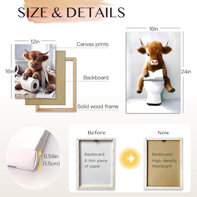 Hianan Funny Bathroom Highland Cow Canvas Wall Art, Cute Brown Cow Bathroom Wall Decor, Framed Animal Bathing Poster Prints, Retro Rustic Farmhouse Wrapped Canvas Artwork for Bathroom Restroom 16"x24"x3