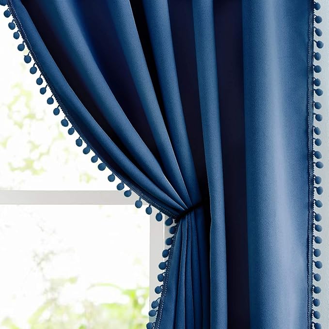 Treatmentex Pom Pom Curtains 95" Blue Blackout Curtains for Bedroom Living Room 95 inch Triple Weave Full Blackout Window Drapes for Hotel Men's Guest Room 52" w x2 Panels Rod Pocket Navy Royal Blue