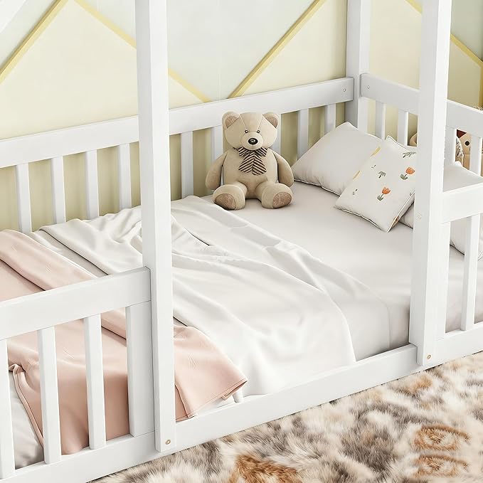 Casaphoria Twin Size House-Shaped Montessori Bedframe, Solid Pine Wood Kids Bed Frame, Toddler Floor Bed with Door & Fence for 1-3 Years Old Kids, White