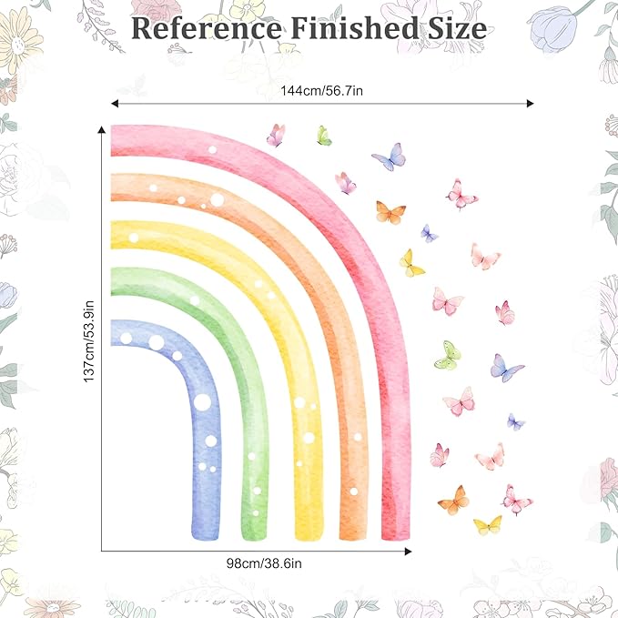 H53.9 Large Watercolor Rainbow Wall Decals, Half Rainbow Wall Stickers Peel and Stick Mural for Girls Boys Nursery Kids Room Home