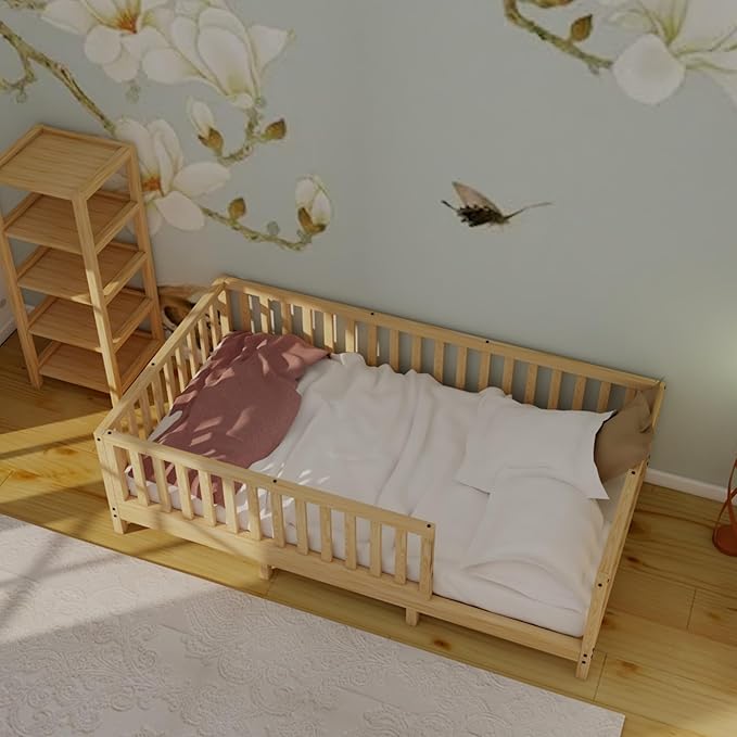 Montessori Floor Bed Designed with Open Front for Girls and Boys | Pine Wood Natural Solid Frame Beds Footed Model with Slats | Sturdy Designed Floor Bed Frame for Kids (Queen, Height : 23 Inches)