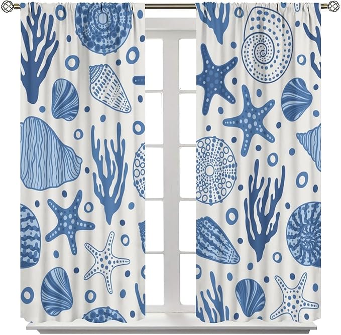 Coastal Nautical Curtains,Coral Starfish Seashell Beach Sea Starfish Seashell Theme Pattern Blackout Print Bedroom Living Room Window Treatmen 10 Panel Set 42x54 Inch