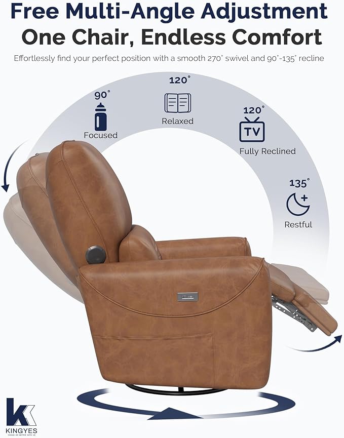 KINGYES Swivel Power Recliner, Glider Rocking Chair for Nursery, 270° Swivel Nursery Rocking Chair, Bluetooth Speaker & USB-C Port, Faux Leather Single Recliner Sofa for Breastfeeding, Brown