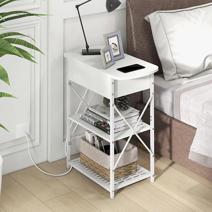 Livofloral Narrow End Table with Charging Station, Side Tables Set of 2 for Small Spaces, Flip Top End Table with Storage, End Tables Living Room, Nightstand Set 2 with Drawer for Bedroom, White