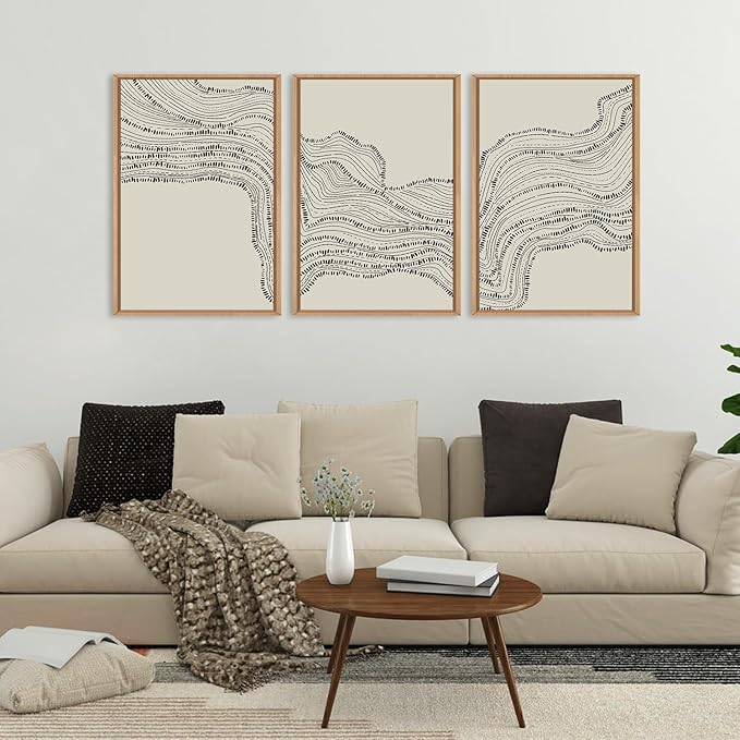 HLNIUC Neutral Abstract Framed Canvas Wall Art Set, Black Beige Wave Line Wall Decor, Large Minimalist Painting, Modern Geometric Art Print for Living Room, Bedroom, Dinning Room, Office - 24"x36"x3