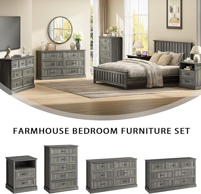 CARPETNAL Farmhouse 6 Drawer Dresser for Bedroom, 55 Inch Wide Modern Grey Dresser TV Stand with Large Drawers & Bar Handles, Rustic Wood Chest of Drawers for Bedroom, Living Room, Hallway, Entryway.