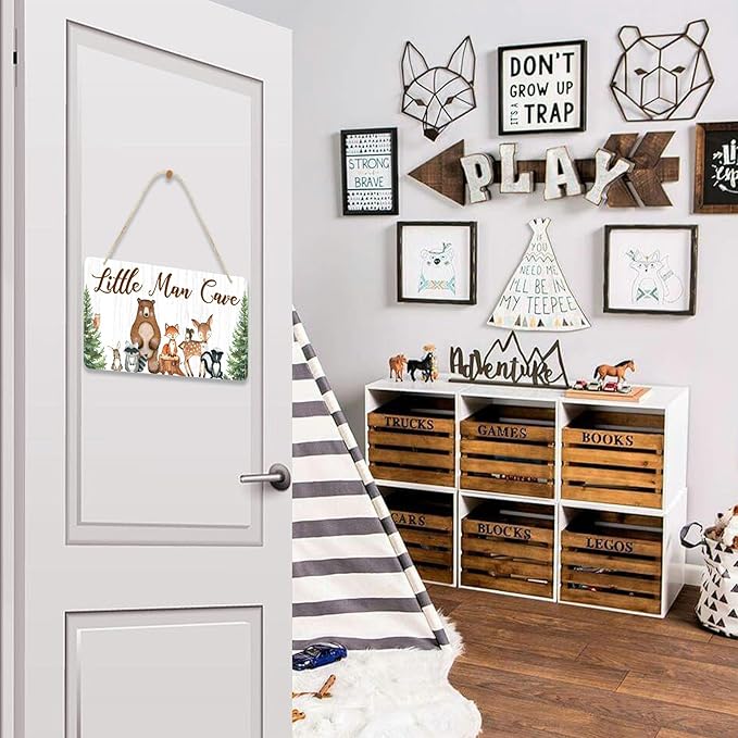 Uflashmi Wood Liitle Man Cave Sign, Woodland Animal Nursery Wall Decor for Baby Boys Room, Woodland Theme Nursey Room Decor for Toddler Boy, 12”x6”