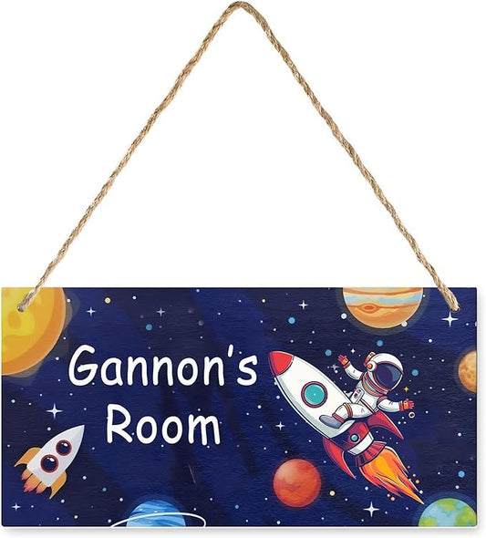 Custom Astronaut Theme Room Decor for Boys, Personalized Name Wooden Door Plaque for Kids Bedroom Nursery Wall Art Outer Space Decorative (Sign-3)