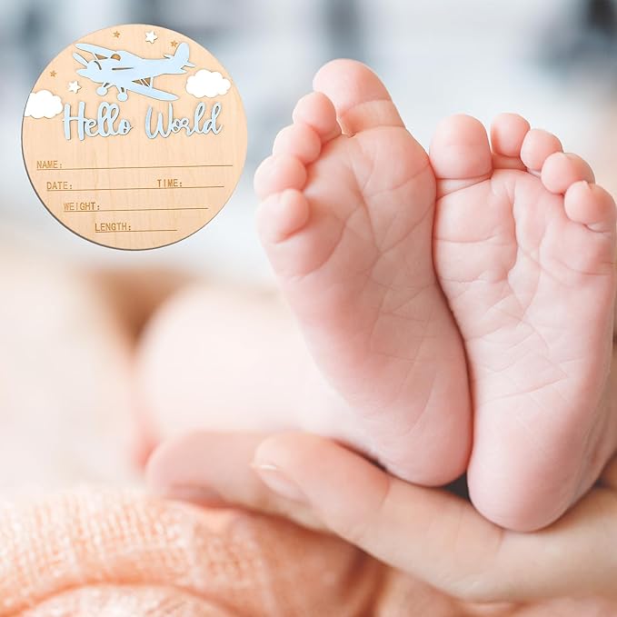 Hello World Newborn Sign with Pen, 5.9in Round Newborn Welcome Birth Name Sign Airplane and Cloud Decoration Baby Boy Girl Announcement Board for Hospital Nursery Home Decor Photo Props