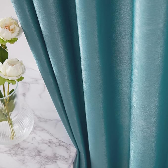 Melodieux Teal Velvety Semi Sheer Curtains 96 Inch Length for Bedroom, Living Room Natural Cotton Texture Rod Pocket Window Sheer Drapes, 52 by 96 Inch (2 Panels)