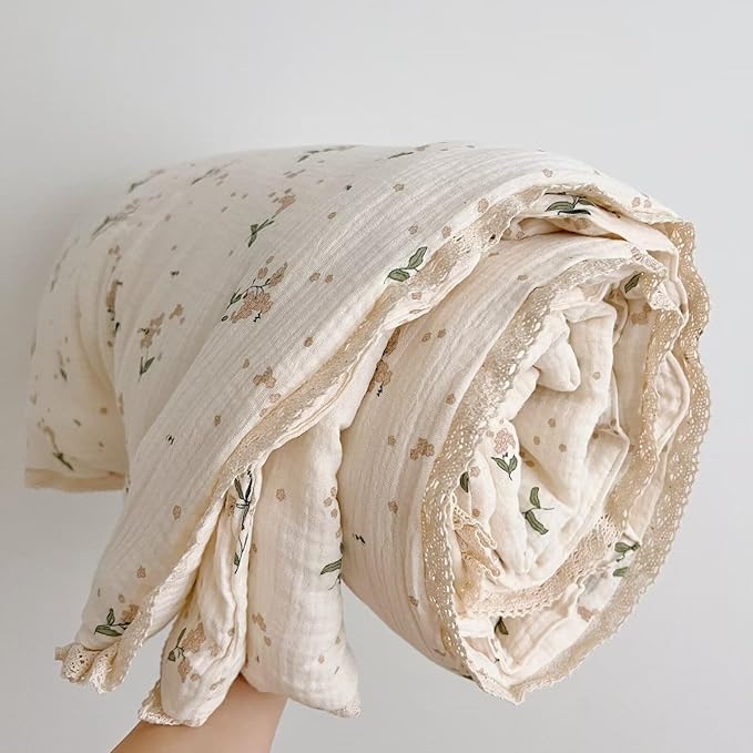 BuLuTu Shabby Chic Floral Toddler Comforter Quilt Cotton Muslin Kids Blankets Sweet Laurel Design Beige Toddler/Twin Bed Blanket for Unisex Baby Toddler Boys Girls, 60"x78"