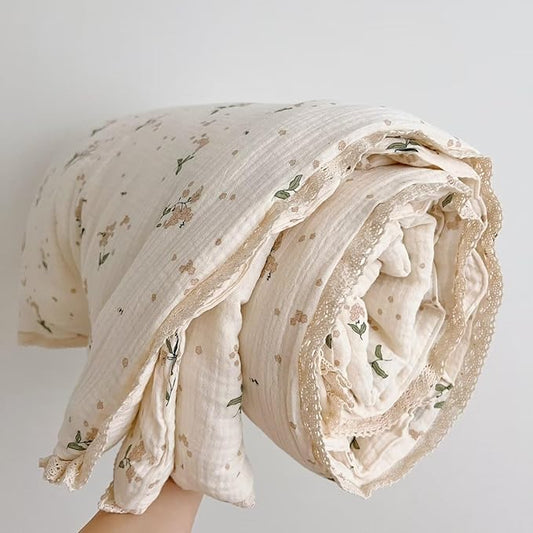 BuLuTu Shabby Chic Floral Toddler Comforter Quilt Cotton Muslin Kids Blankets Sweet Laurel Design Beige Toddler/Twin Bed Blanket for Unisex Baby Toddler Boys Girls, 60"x78"
