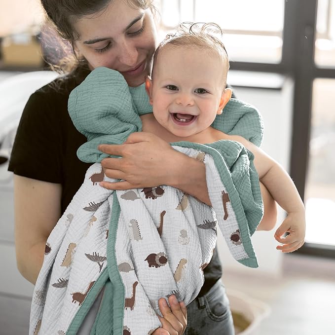 lulumoon Muslin Baby Blanket - Cotton Quilt Blankets for Toddlers - Reversible Nursery Crib Blanket for Baby Boys and Girls 47"x47"(Sage Dinosaur)