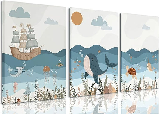 LYPHNX Framed Blue Ocean Nautical Nursery Canvas Wall Art Sea Turtle Whale Animal Painting Picture Set of 3 Kids Prints Poster Wall Decor for Baby Boys Girl Children's Room Bedroom Bathroom 12"x16"
