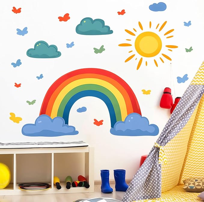 Rainbow Wall Decals Watercolor Sun Cloud Wall Stickers for Kids Room, Cute Cloudy Rainbow Wall Decor Butterfly Sun Decorations Peel and Stick Removable Decals for Girls Room Nursery