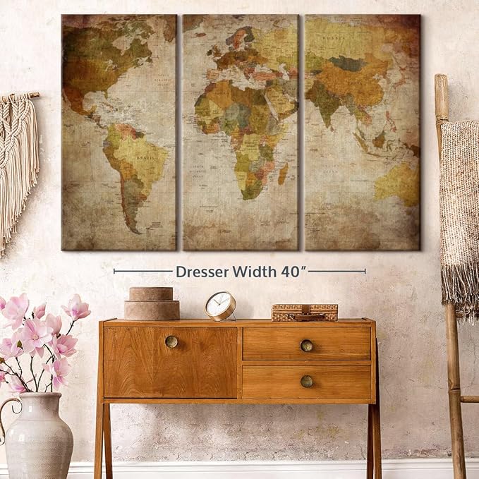 ElephantStock World Map Multi Piece Canvas - 3 Piece Canvas World Map Wall Decor - Wall Decor - Ready-to-Hang Print - Vintage Wall Art - 57" X 36"