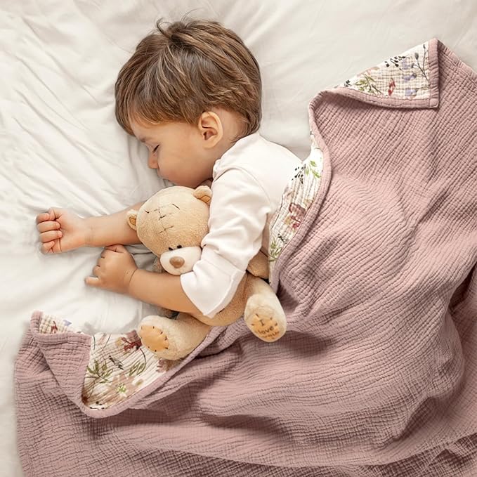 lulumoon Muslin Baby Blanket for Girl: Floral Cotton Toddler Blanket - Soft Lightweight for Nursery & Daycare 47"× 47"(Pink Flower)