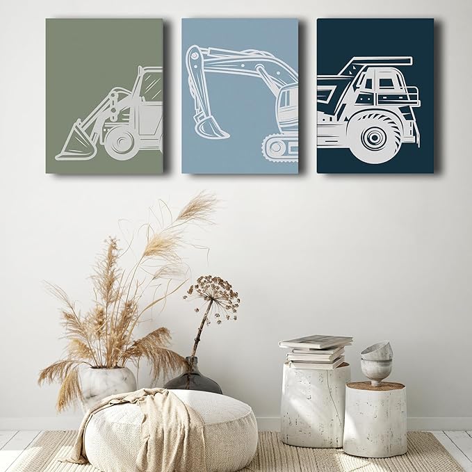 Shwing Framed Toddler Boys Room Decor - Construction Truck Wall Art Set, 12"x16" 3Pcs Set
