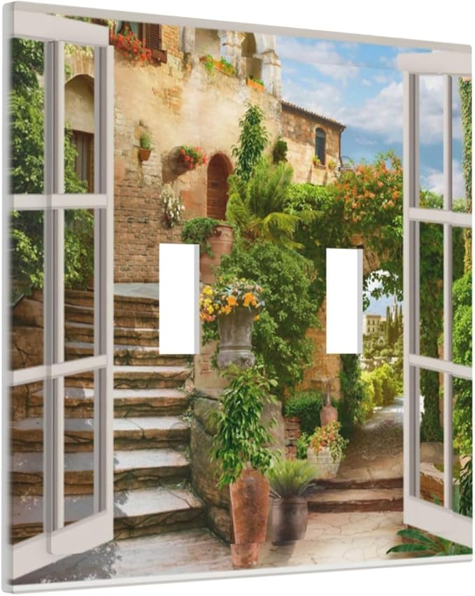 Mediterranean Greece Scene Flowers 2 Gang Light Switch Plate Decorative Double Toggle Wall Plate Italian Town from Another Window Receptacle Switchplate Decorate for Home Living Room Bedroom
