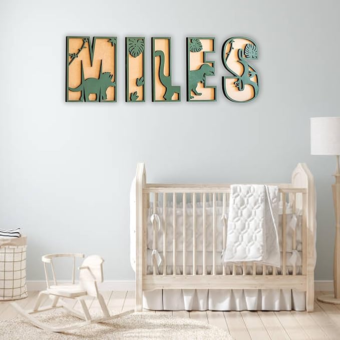 Personalized Wooden Name Sign - Custom Baby Name Signs for Nursery & Kids Room, Baby Announcement Sign, Wall Name Signs Personalized, Round Wooden Letters for Nursery Decor (3D Dinosaur)