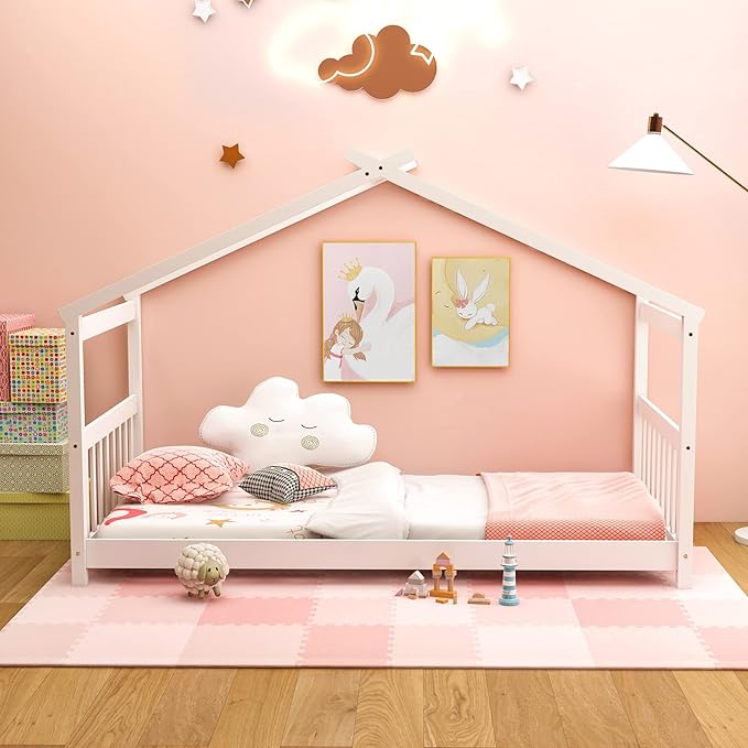 Giantex House Bed Twin, Solid Wood Kids House Bed with Roof, Headboard and Footboard, Low Floor Twin Bed Frame for Toddlers Teens Girls Boys, No Box Spring Needed, White