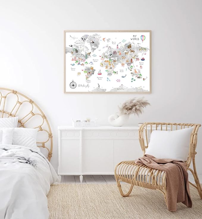 Grey Kids World Map Wall Art Animal Canvas Wall Art Nursery Wall Decor World Map Poster Playroom Prints Educational Artwork16x24 Inch Unframed