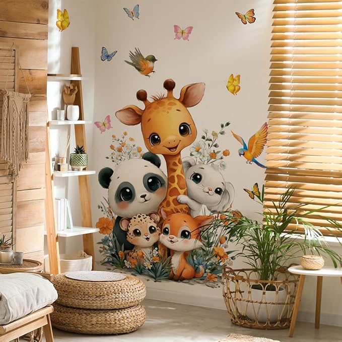 Jungle Safari Friends Wall Decal - Large 47" Animal Wall Sticker Set with Giraffe, Panda, Leopard for Kids Room, Removable Nursery Decor with Butterflies & Flowers, Playroom & Kindergarten Mural