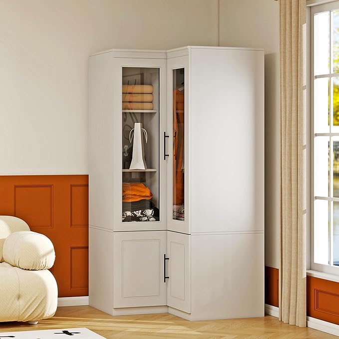 Corner Armoire Wardrobe Closet with Glass Door, Wood Wardrobe Closet Cabinet Bedroom Armoire with Hanging Rods for Home/Bedroom/Living Room White-53