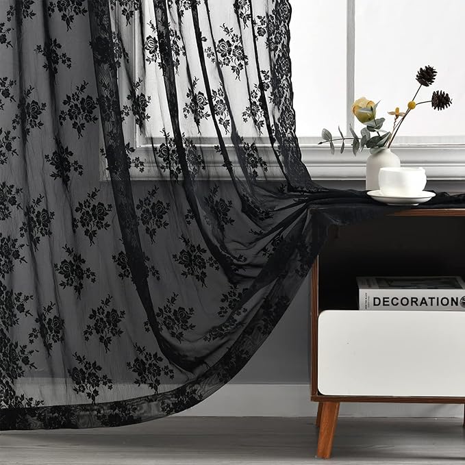 Kotile Black Lace Curtains 84 Inches Long - Vintage Floral Black Sheer Curtains 2 Panels, Gothic Sheer Lace Curtains for Living Room, Rod Pocket Privacy Sheer Window Curtain, 52 x 84 Inch