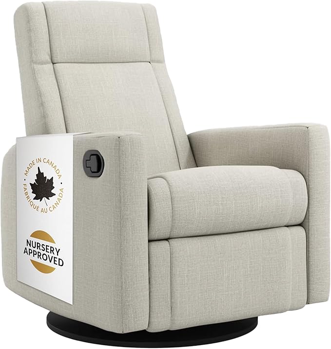 Jaymar Nelly Modern Nursery Glider Recliner Chair – Cozy Nursing Chair with 360° Swivel for New Parents, Gentle Rocking Motion, Compact Design, Lumbar Support – Made in Canada (Ivory/Nubia Fabric)